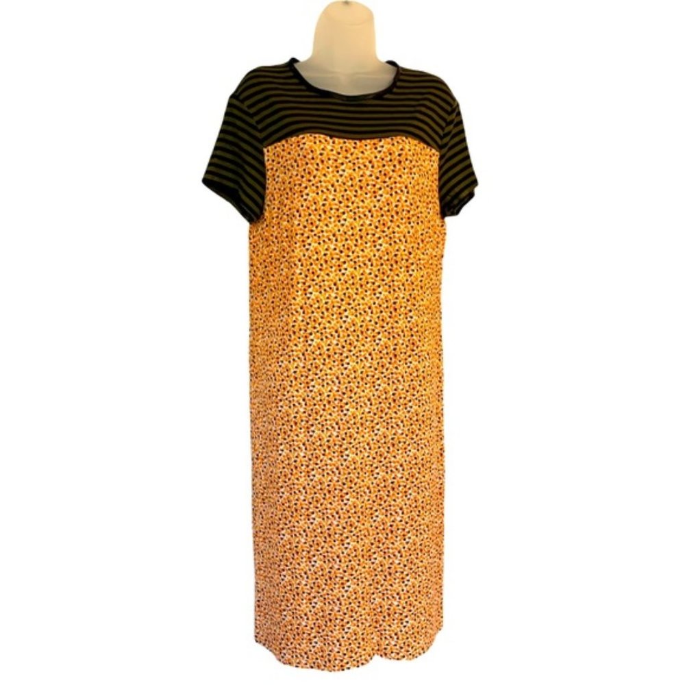 Tee-Shirt Colorblock Short Sleeve Midi Dress Grey stripe top poka-dot bottom SM
